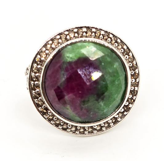 Ruby Zoisite  7.50 Ct and Smokey Quartz Sterling silver ring size 6