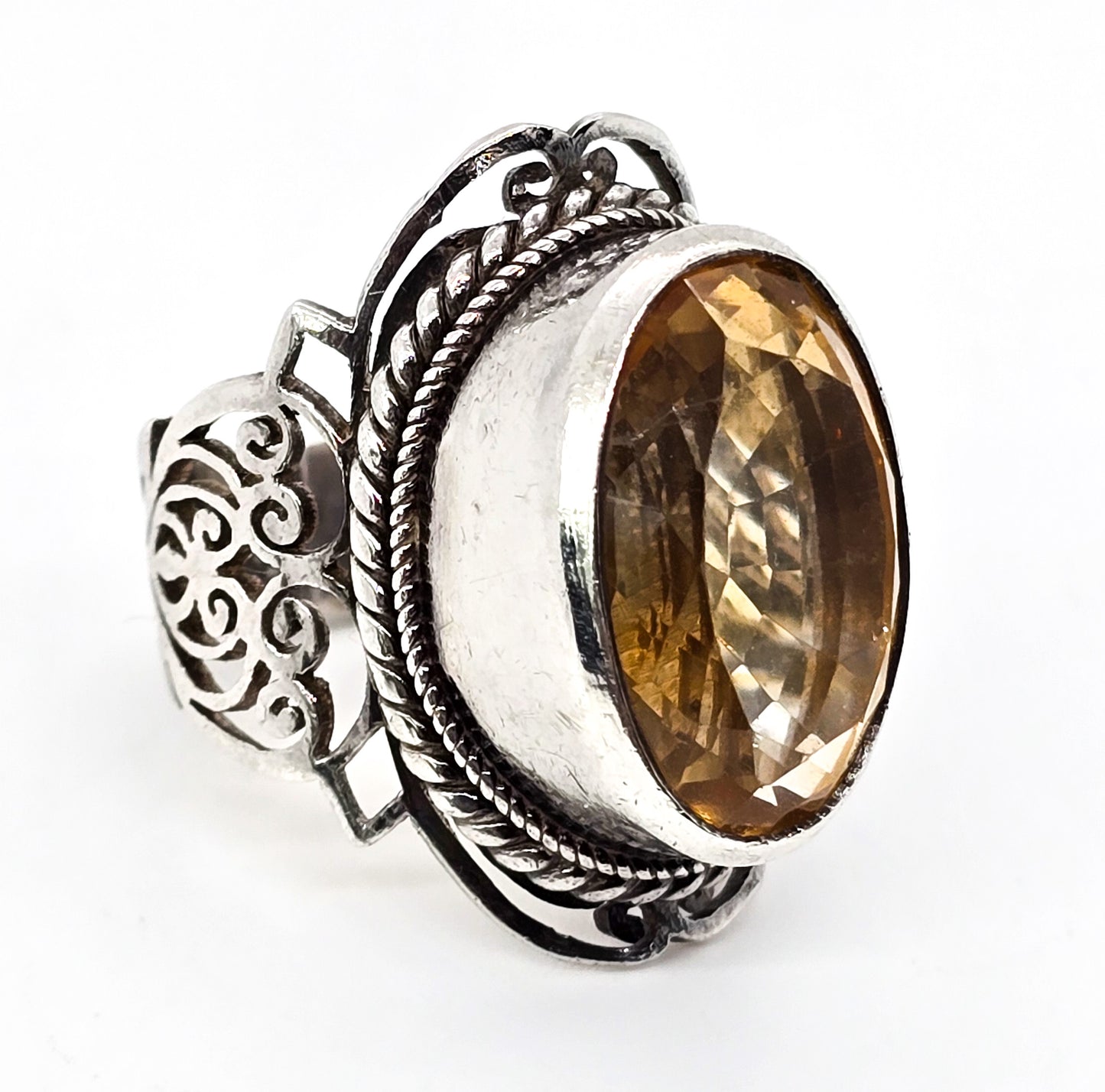 Large Faceted Citrine 15ct Bali Filigree open work sterling silver ring size 7 and 1/2
