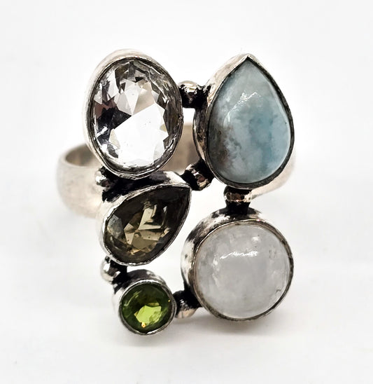 Moonstone, Larimar, peridot and quartz Silver Plated gemstone ring size 8