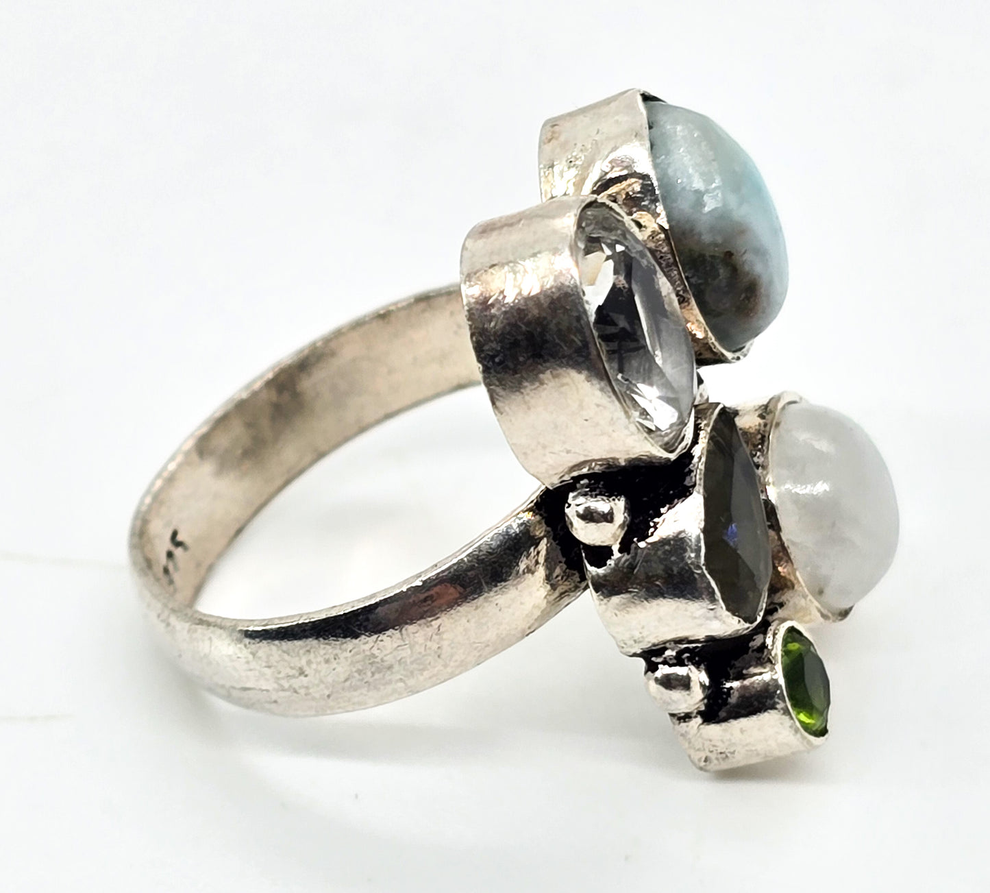 Moonstone, Larimar, peridot and quartz Silver Plated gemstone ring size 8