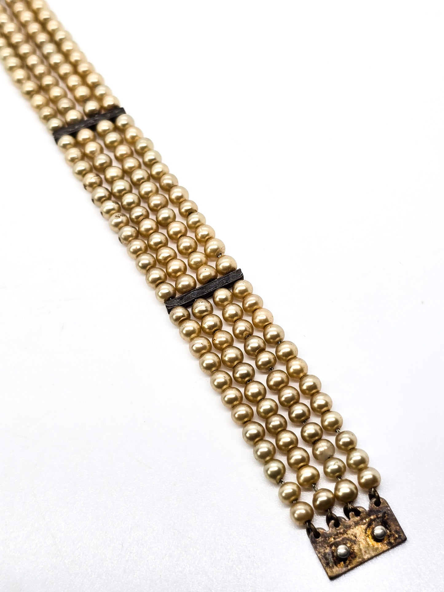 Art Deco faux pearl antique sterling silver 4 strand snap clasp bracelet