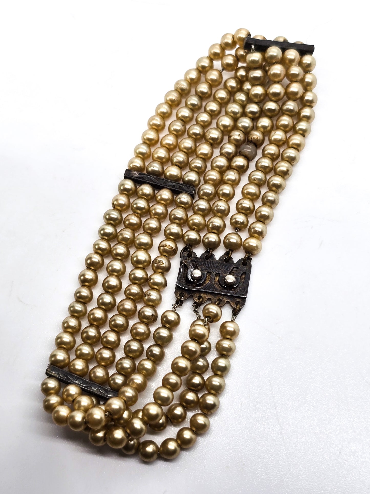 Art Deco faux pearl antique sterling silver 4 strand snap clasp bracelet