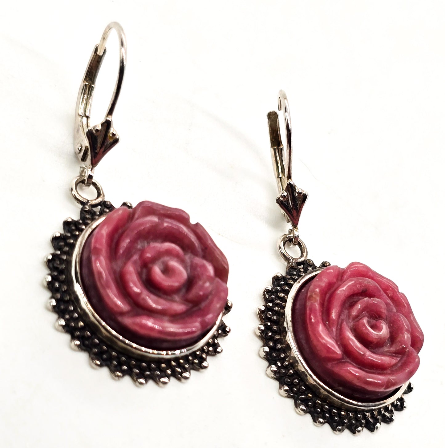 Amy Kahn Russell AKR Carved Rhodonite flower pink gemstone sterling silver earrings