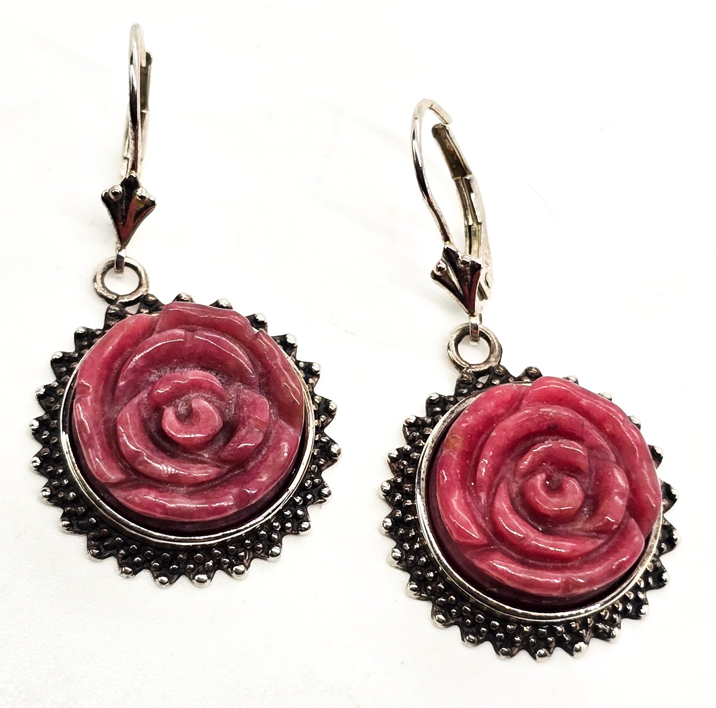 Amy Kahn Russell AKR Carved Rhodonite flower pink gemstone sterling silver earrings