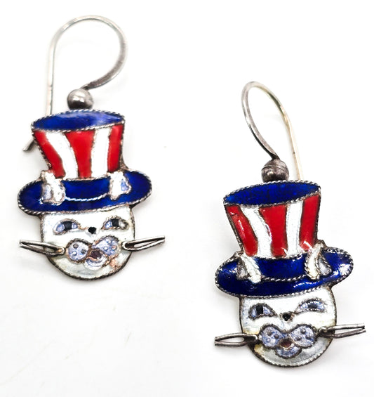 Zarah Patriotic Red White and Blue Feline White cat Top hat sterling silver earrings