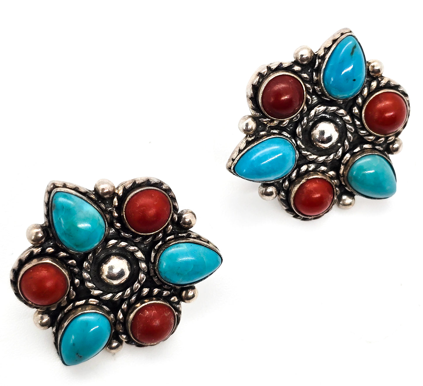 QT Quoc Turquoise Turquoise and Red Coral sterling silver vintage stud earrings