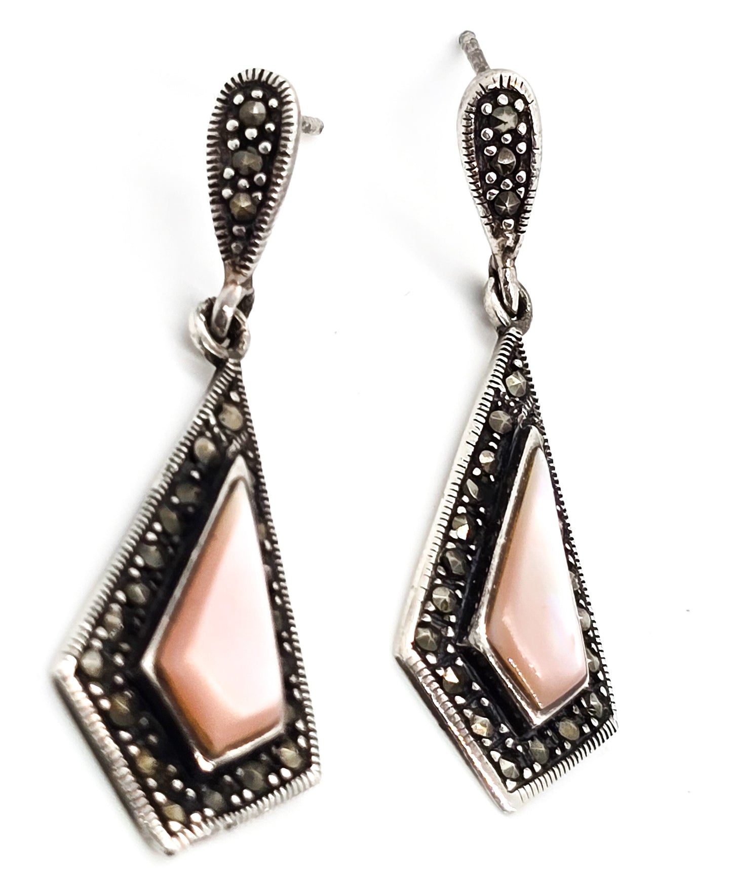 Pink Slipper Shell and marcasite sterling silver vintage drop earrings