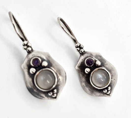 Boma Amethyst and Silver Cat's Eye Bali Tribal vintage sterling silver earrings