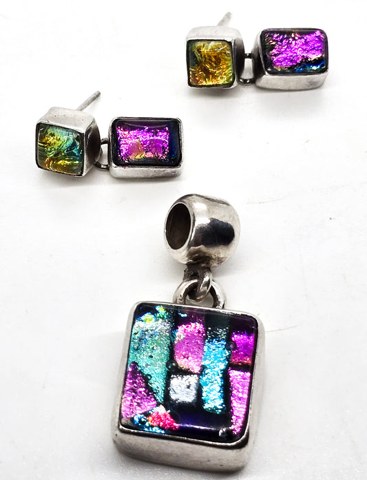 Dichroic glass Earrings and pendant artisan sterling silver vintage set