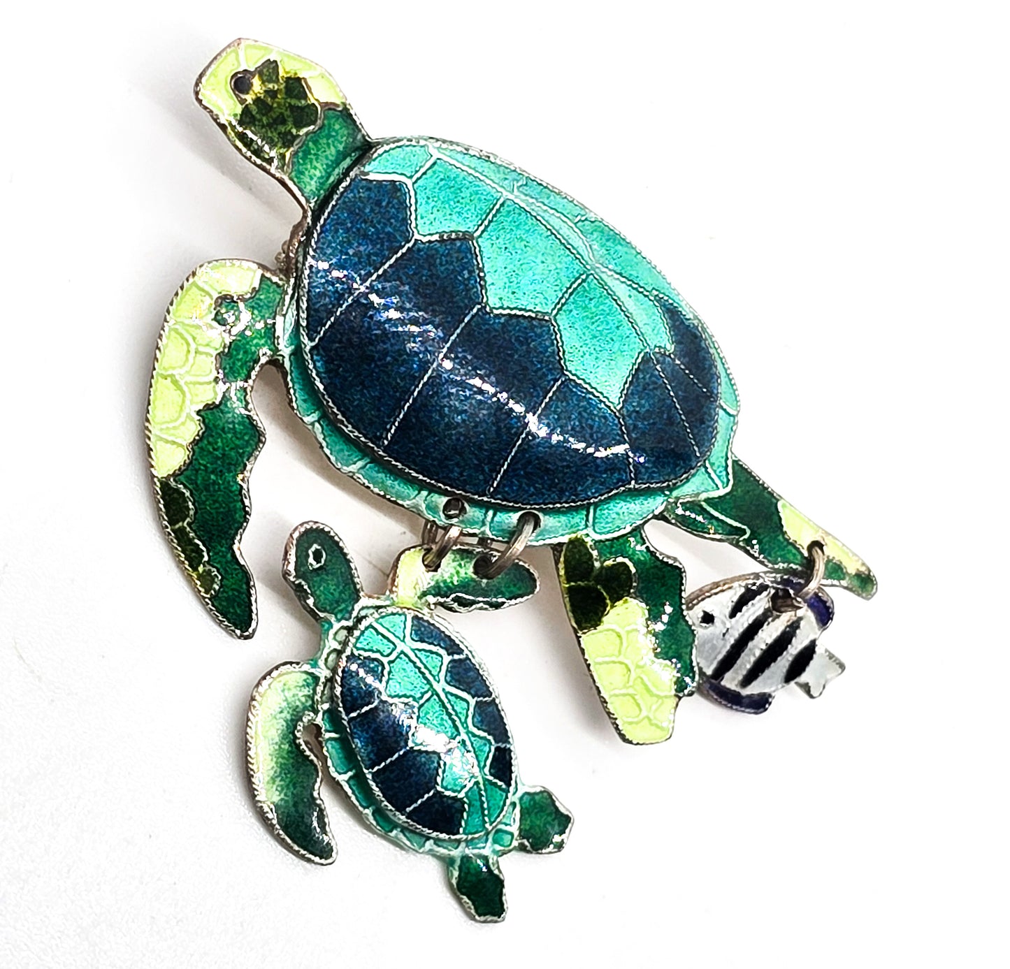 Sea turtle and baby Sheepshead enamel Sea life  sterling silver pendant brooch