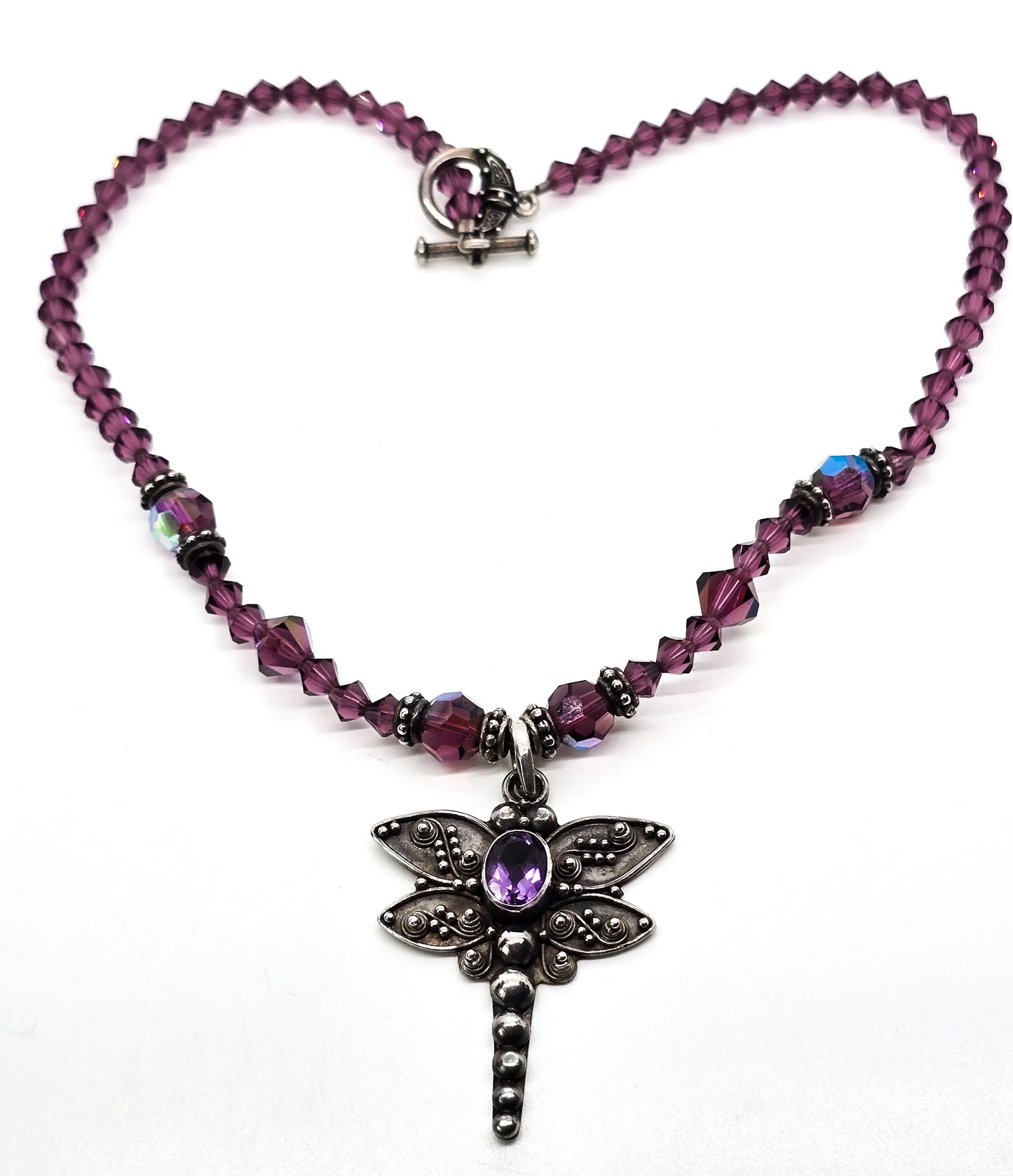 Dragonfly Amethyst tribal sterling silver and Swarovski crystal toggle clasp necklace