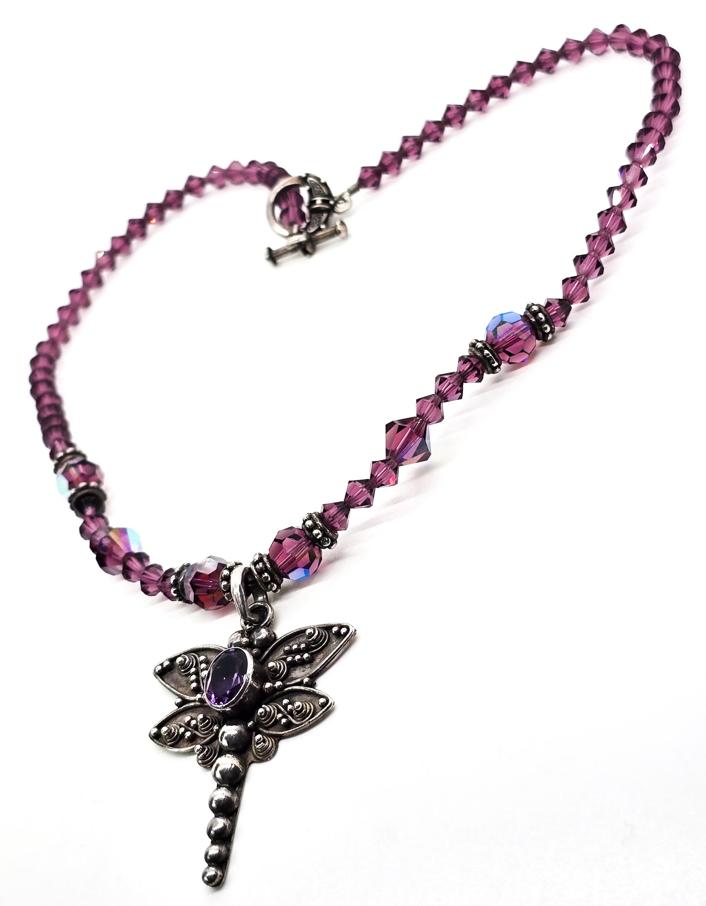 Dragonfly Amethyst tribal sterling silver and Swarovski crystal toggle clasp necklace