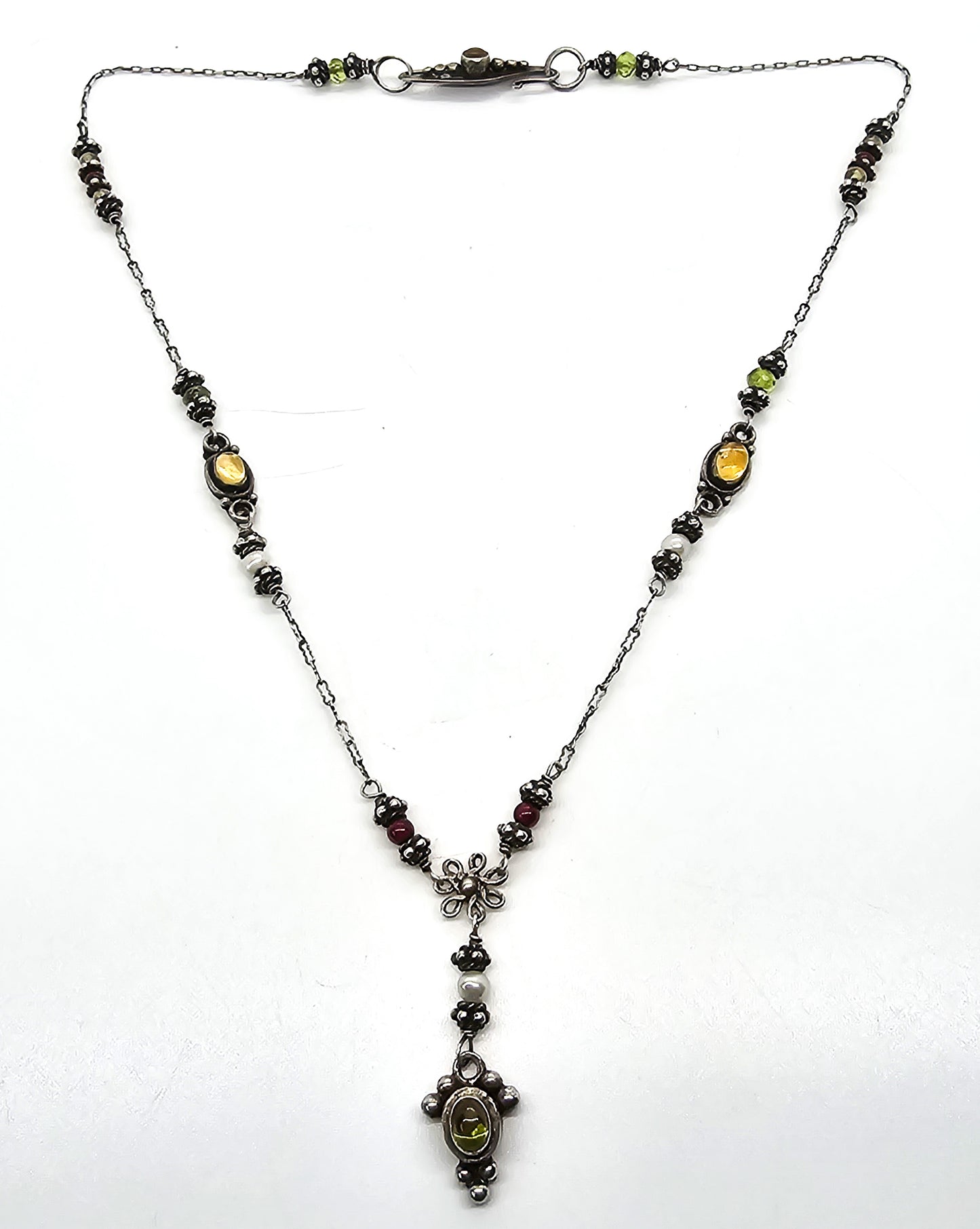 Boho multi Gemstone Garnet citrine peridot tribal sterling silver vintage necklace