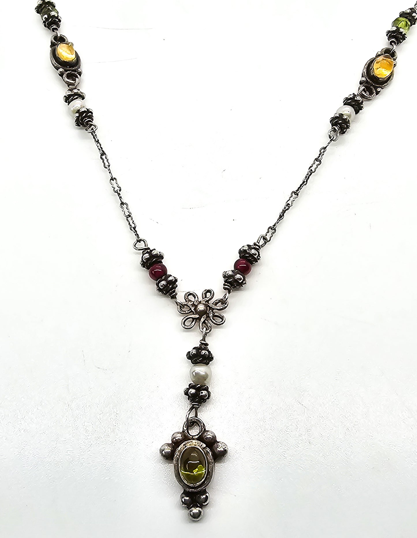 Boho multi Gemstone Garnet citrine peridot tribal sterling silver vintage necklace
