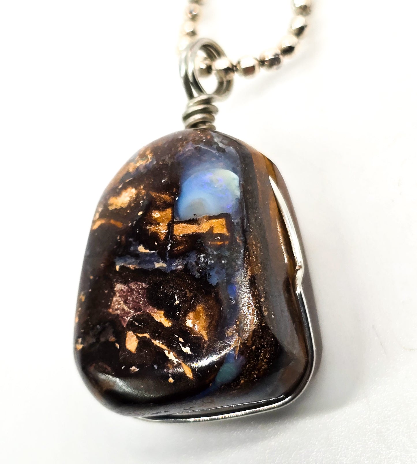 Australian Boulder Opal Large wire wrapped sterling silver pendant necklace