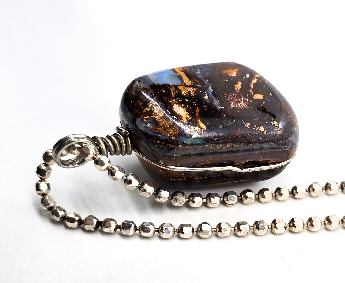 Australian Boulder Opal Large wire wrapped sterling silver pendant necklace