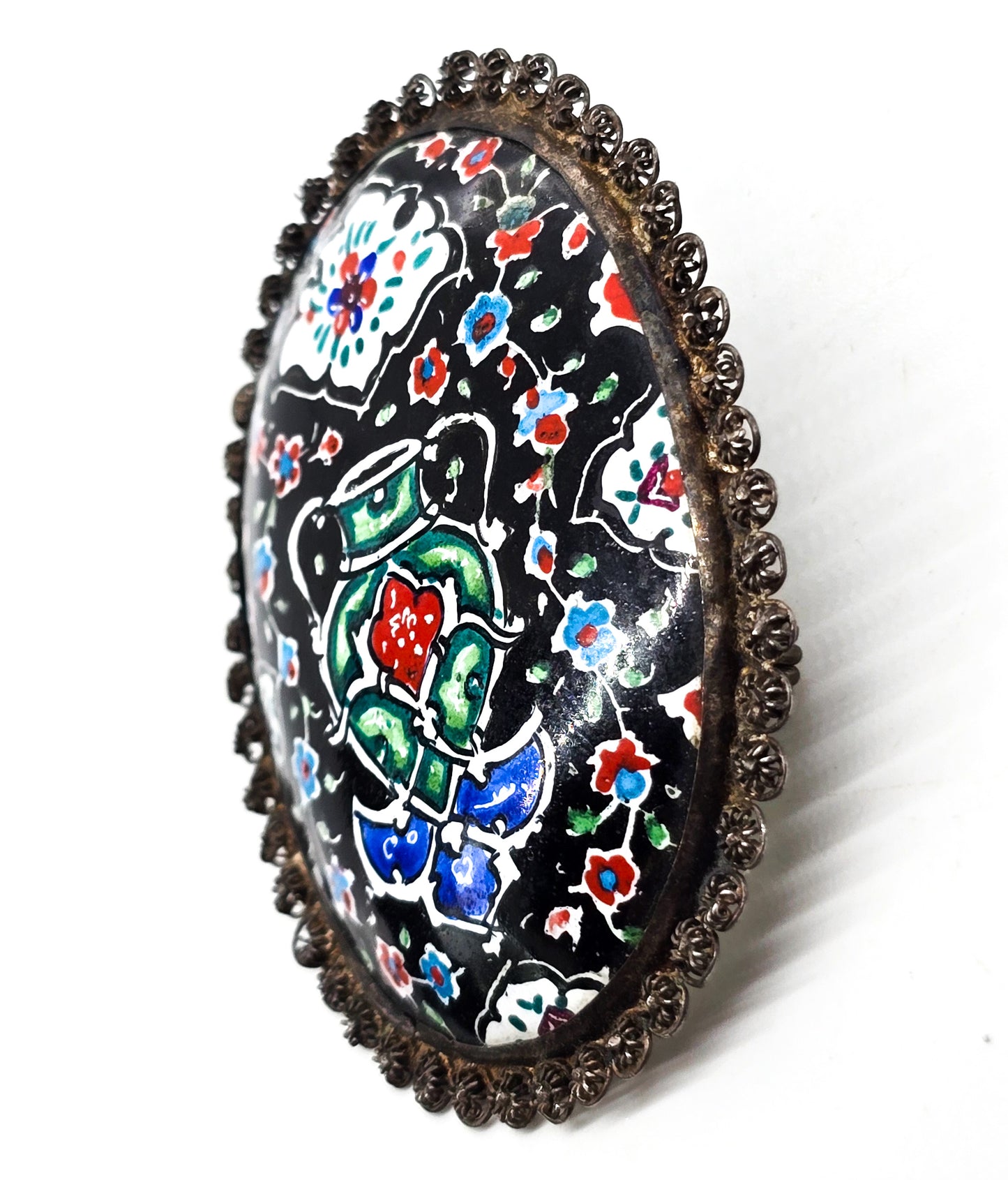 Persian enamel vessel painted flower vintage sterling silver brooch