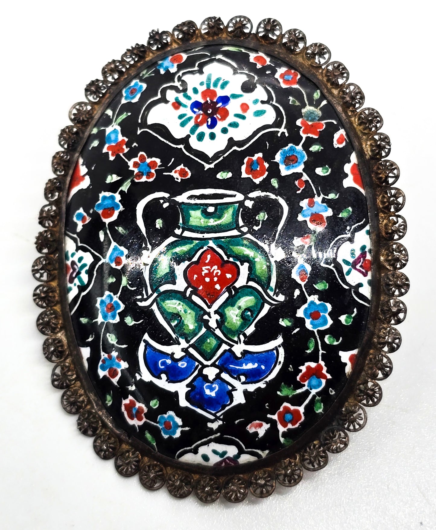 Persian enamel vessel painted flower vintage sterling silver brooch