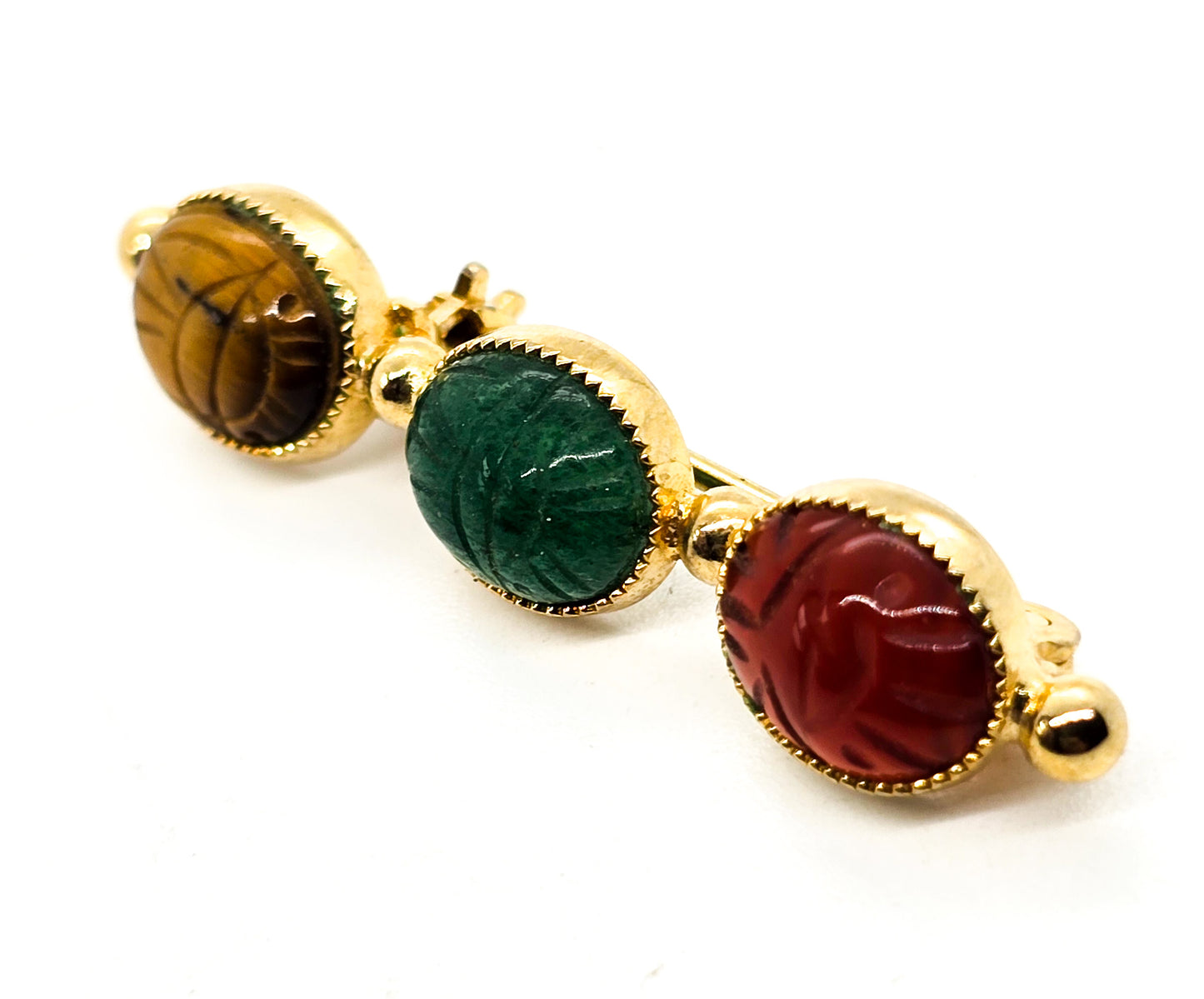 Egyptian Revival Three Scarab carved gemstone yellow gold filled vintage brooch