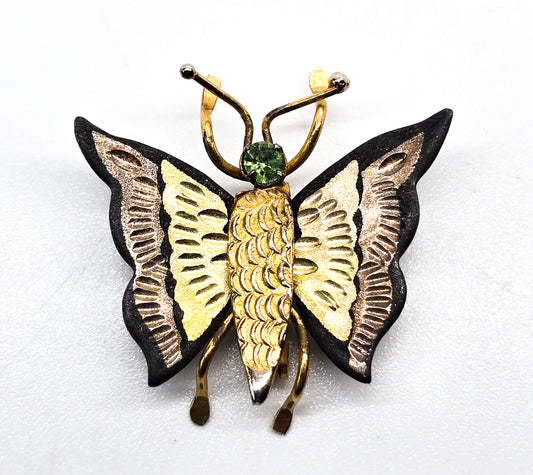 Japanese Damascene etched gold rhinestone butterfly figural brooch