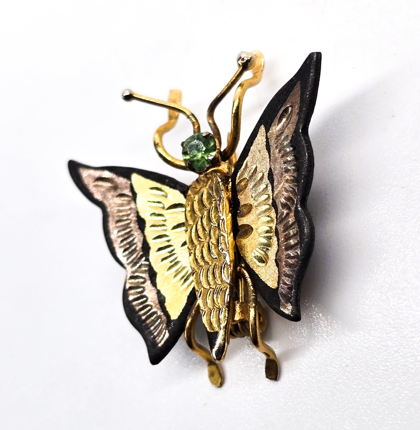 Japanese Damascene etched gold rhinestone butterfly figural brooch