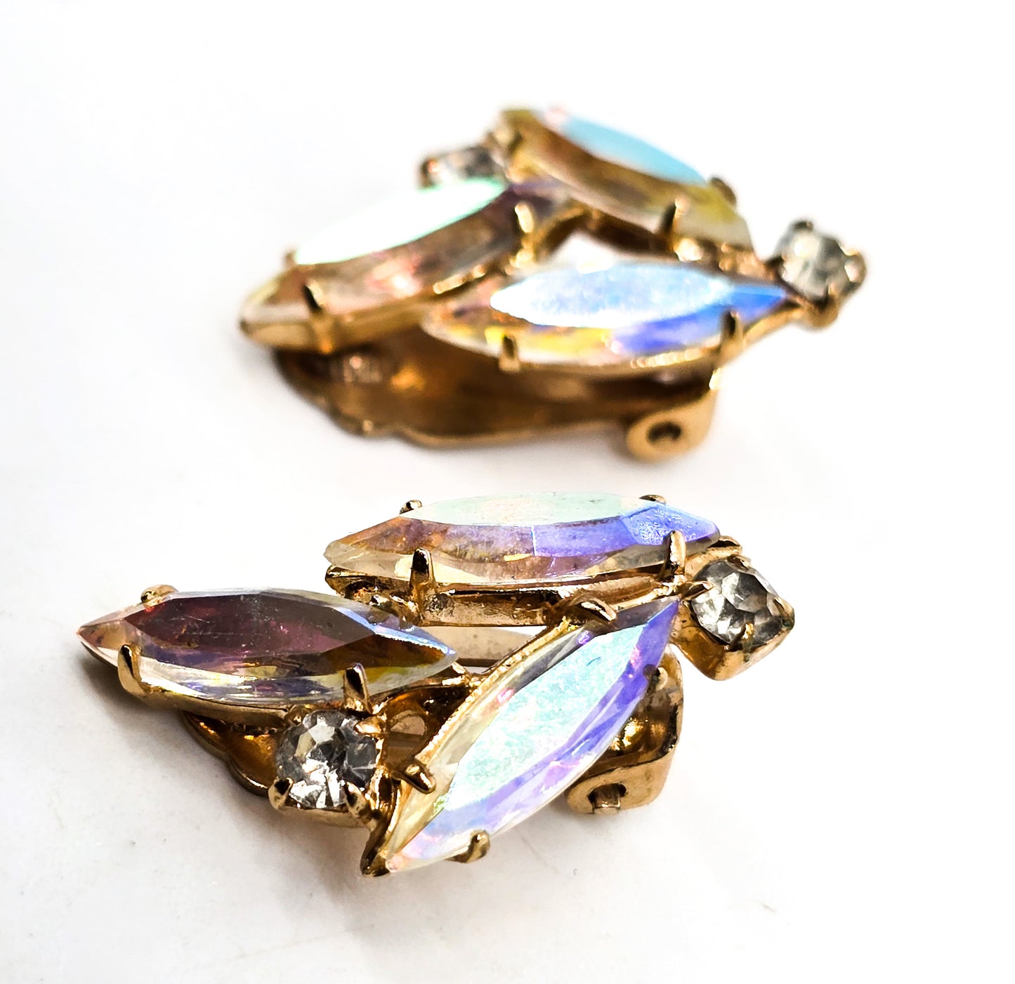 Aurora Borealis Navette rhinestone vintage cluster clip on gold toned earrings
