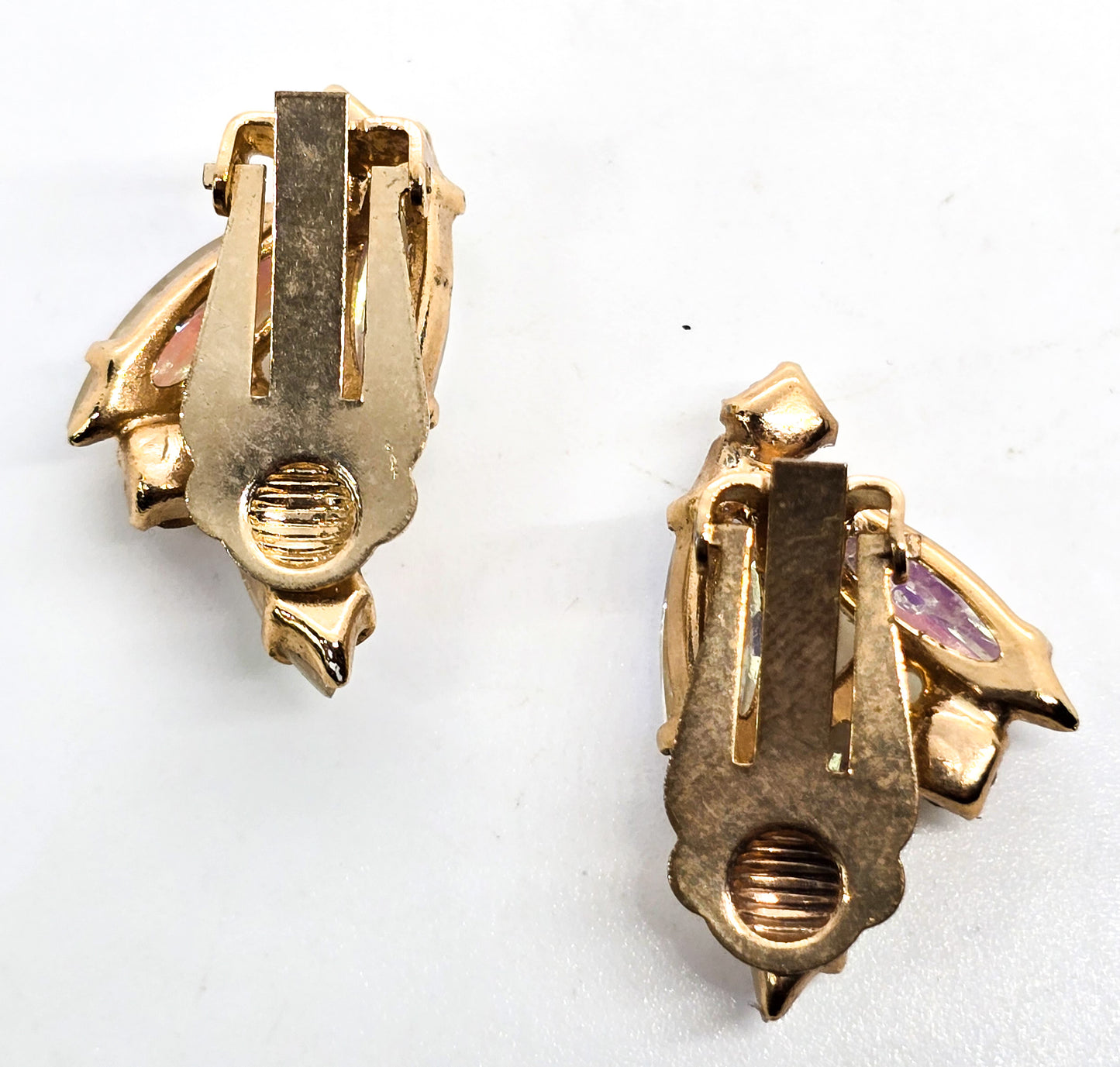 Aurora Borealis Navette rhinestone vintage cluster clip on gold toned earrings