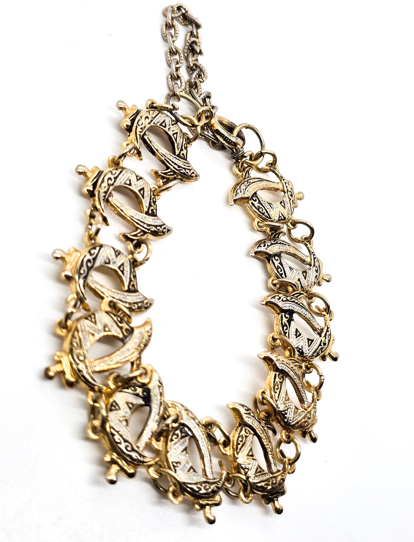 Spanish Damascene enamel Crescent Moon vintage gold toned bracelet