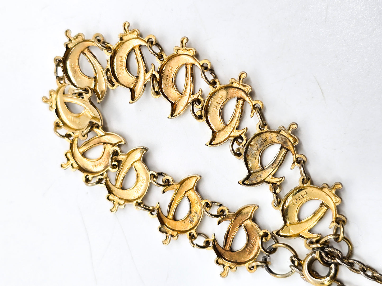 Spanish Damascene enamel Crescent Moon vintage gold toned bracelet
