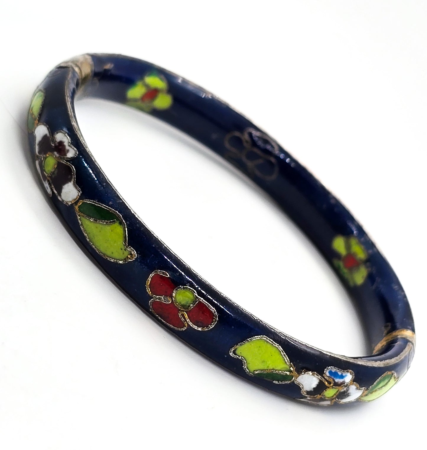 Blue Cloisonne enamel red and white flower vintage hinged bangle bracelet