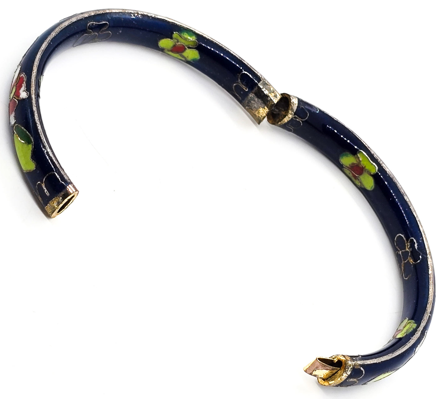 Blue Cloisonne enamel red and white flower vintage hinged bangle bracelet