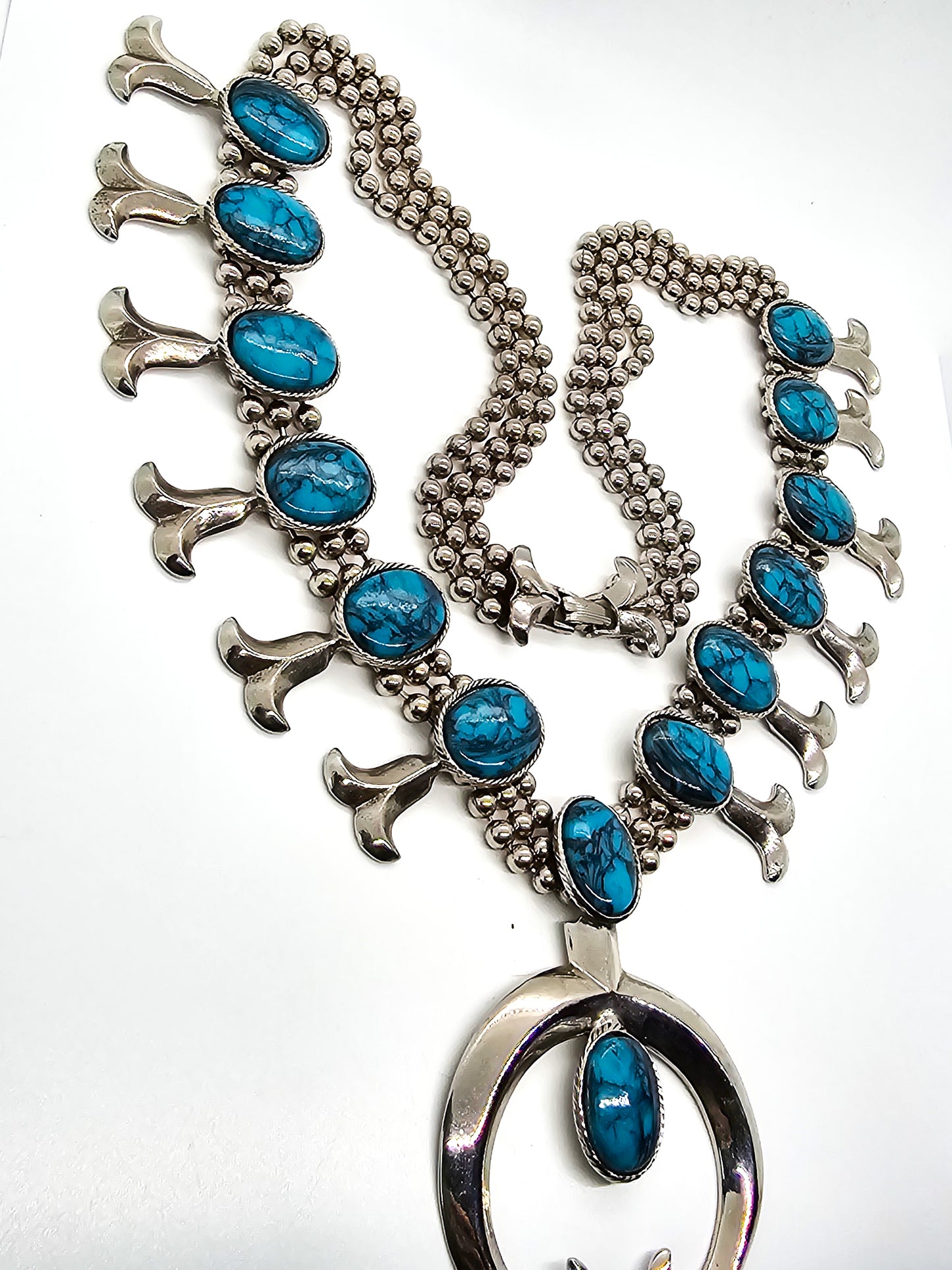Squash Blossom Goldette faux turquoise glass silver toned vintage 1960's signed necklace