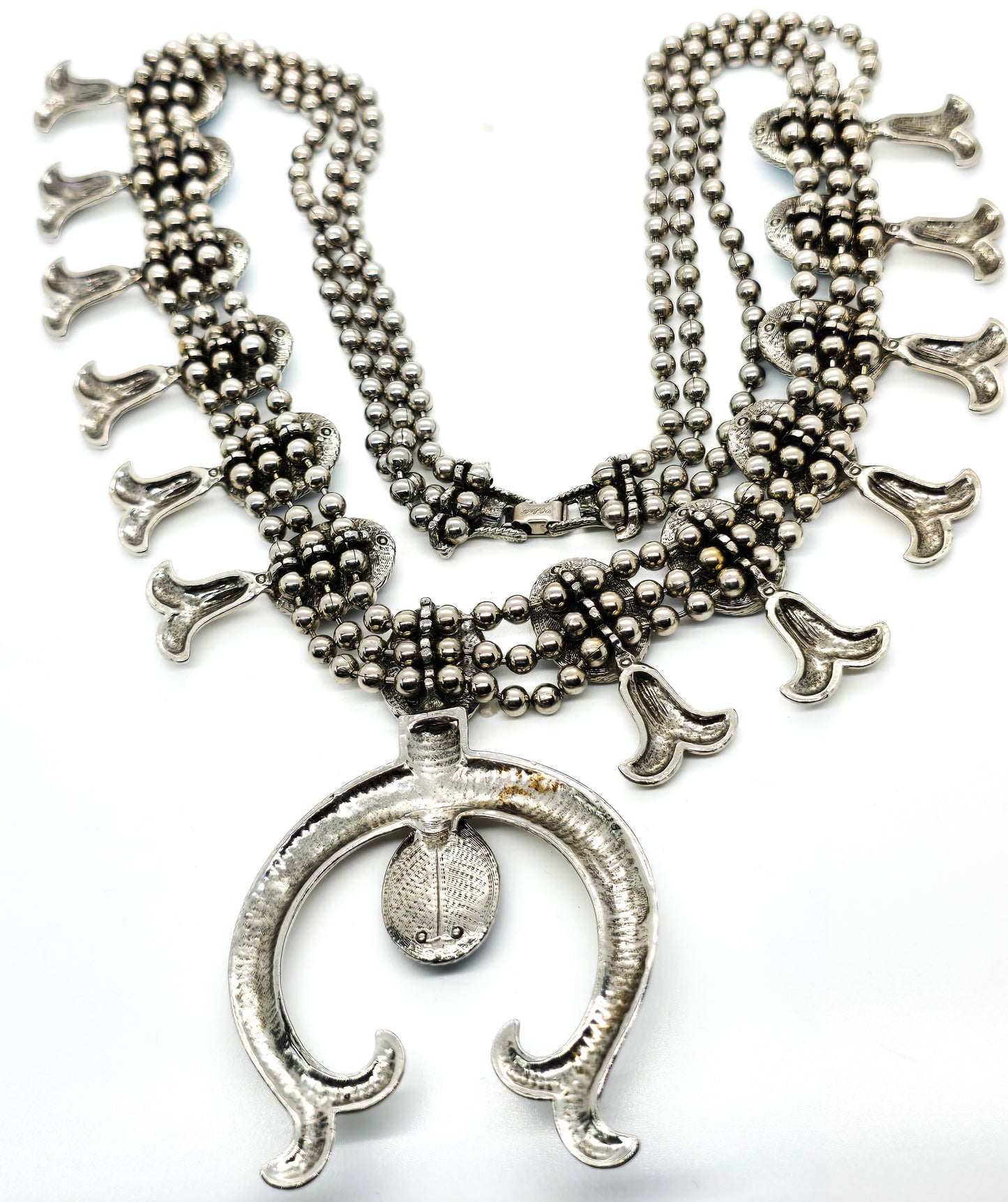 Squash Blossom Goldette faux turquoise glass silver toned vintage 1960's signed necklace