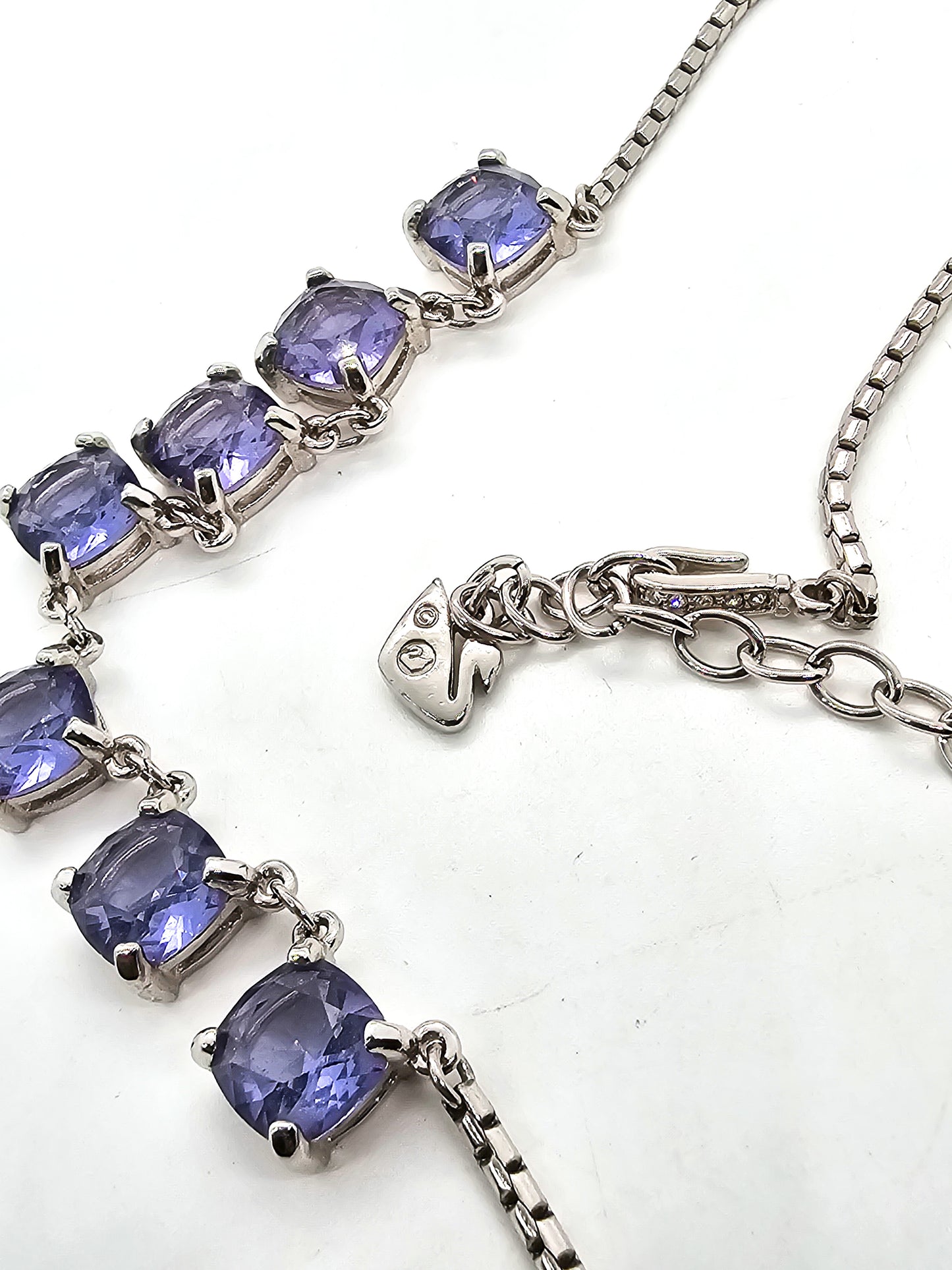 Swarovski Signed Tanzanite colored Light Purple crystal Rhodium plated signed necklace