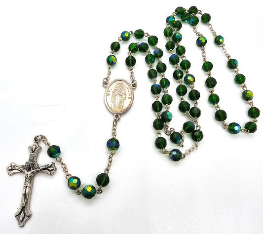 St Jude dark green Aurora Borealis Austrian crystal mid century vintage rosary crucifix