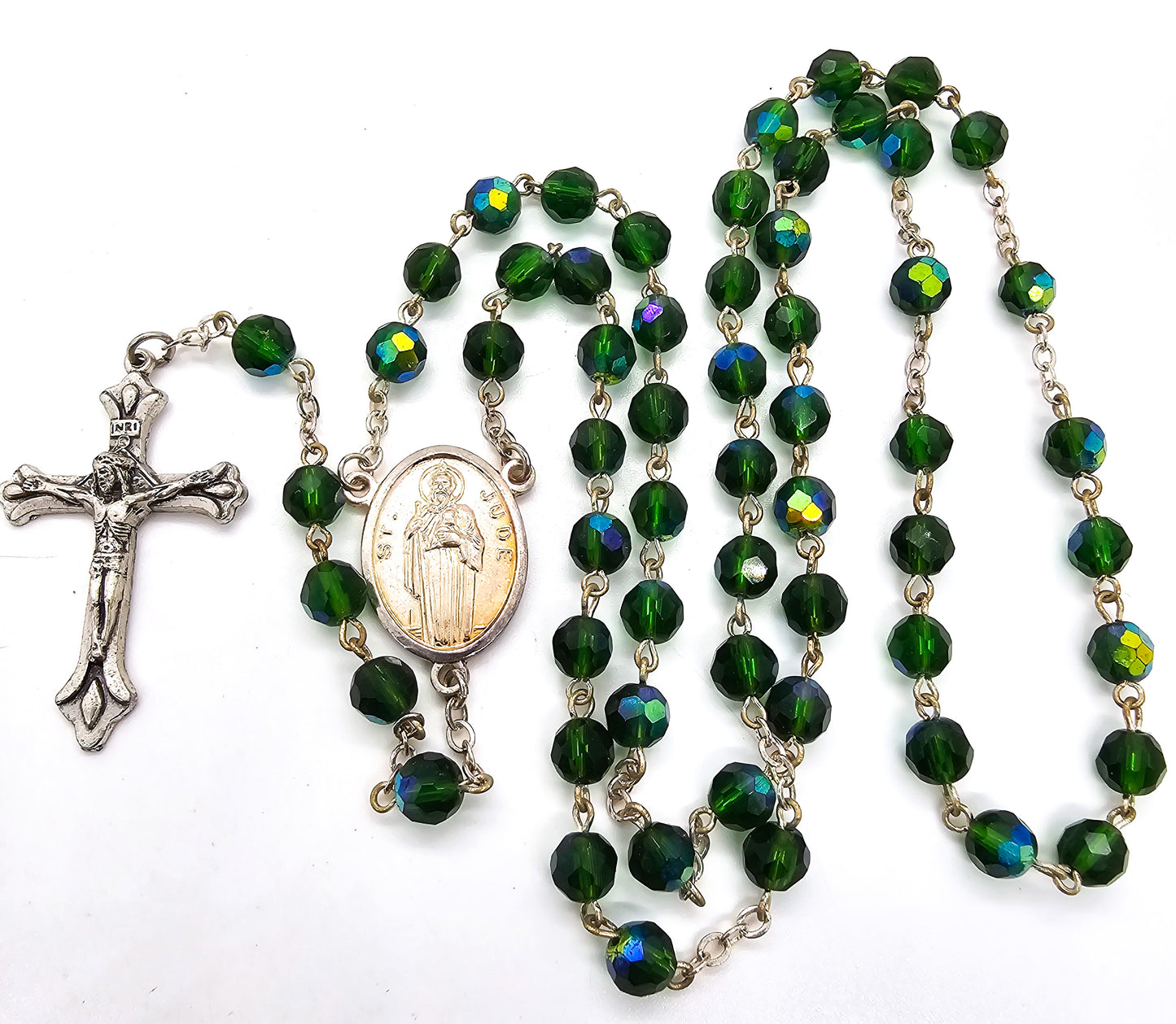 St Jude dark green Aurora Borealis Austrian crystal mid century vintage rosary crucifix