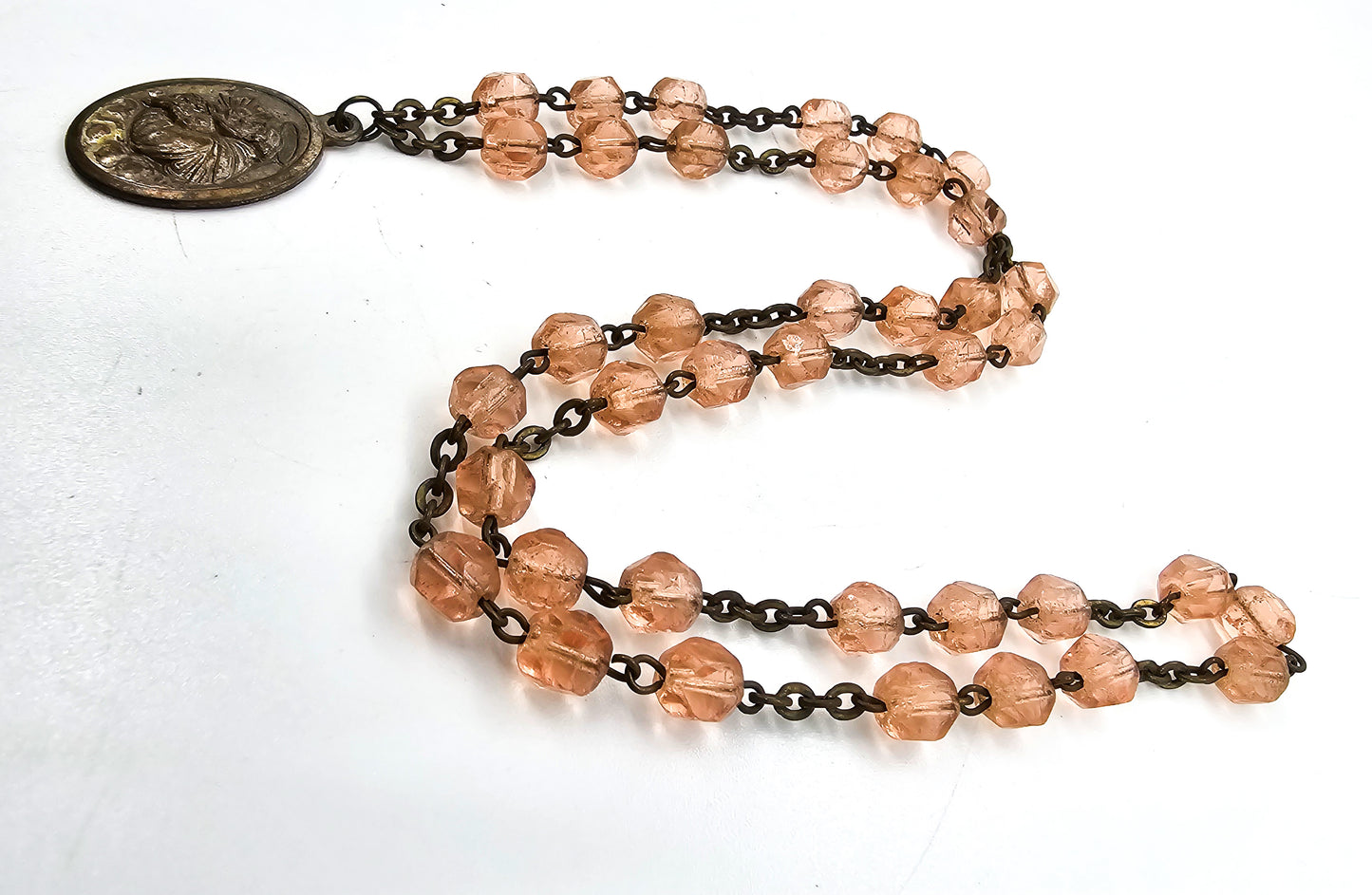 St Anthony vintage pink Austrian crystal mid century Italian prayer beads rosary