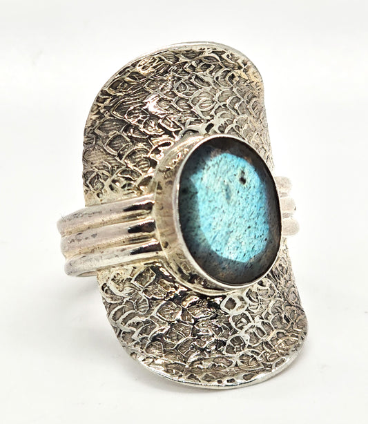 Blue Labradorite 5.0ct large textured sterling silver PTI statement ring size 11