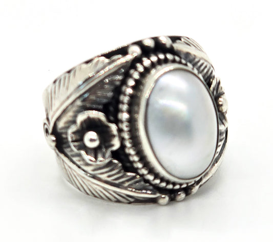 Meran Southwestern Pearl Tribal Feather ring Indonesia Sterling silver ring size 8