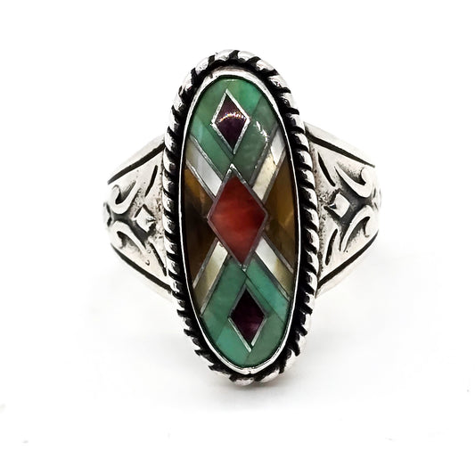 Carolyn Pollock Relios multi gemstone sterling silver inlay Southwestern ring size 8