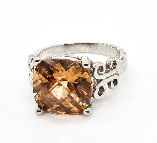 Champagne Cubic Zirconia CZ Cushion cut sterling silver ring size 8