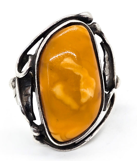 Egg Yolk Amber vintage artisan sterling silver statement ring size 7.5