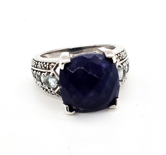 Fadi Faceted Lapis Lazuli and blue topaz large sterling silver statement ring size 8