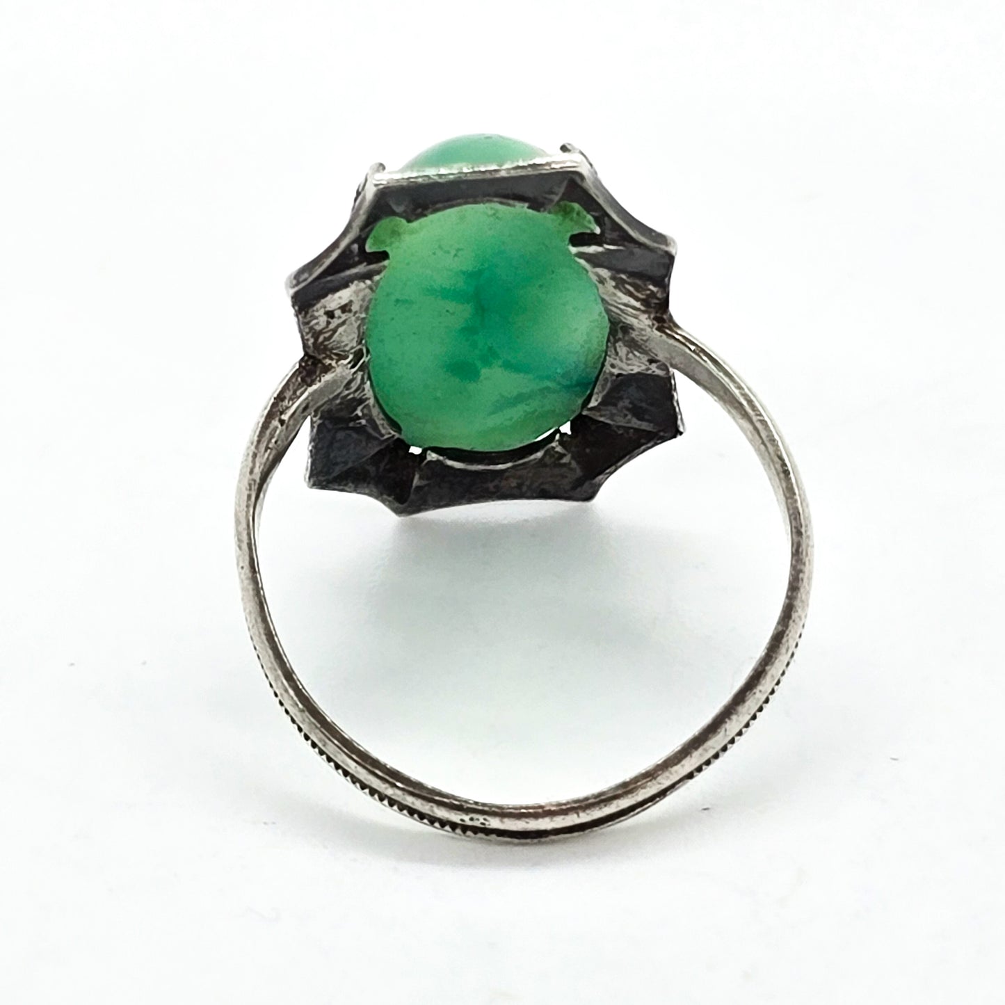 Art Deco Green Czech Peking glass antique sterling silver ring size 6.5