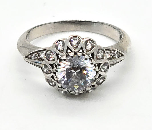 Victorian Style Cubic Zirconia sterling silver vintage engagement ring size 7