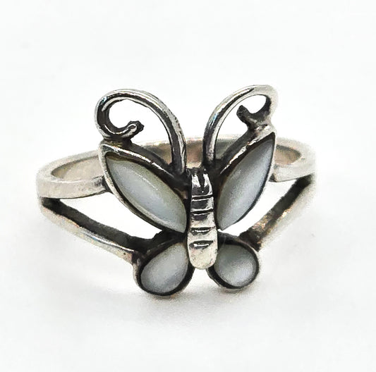 Mother of Pearl Butterfly inlay figural vintage retro sterling silver ring size 6