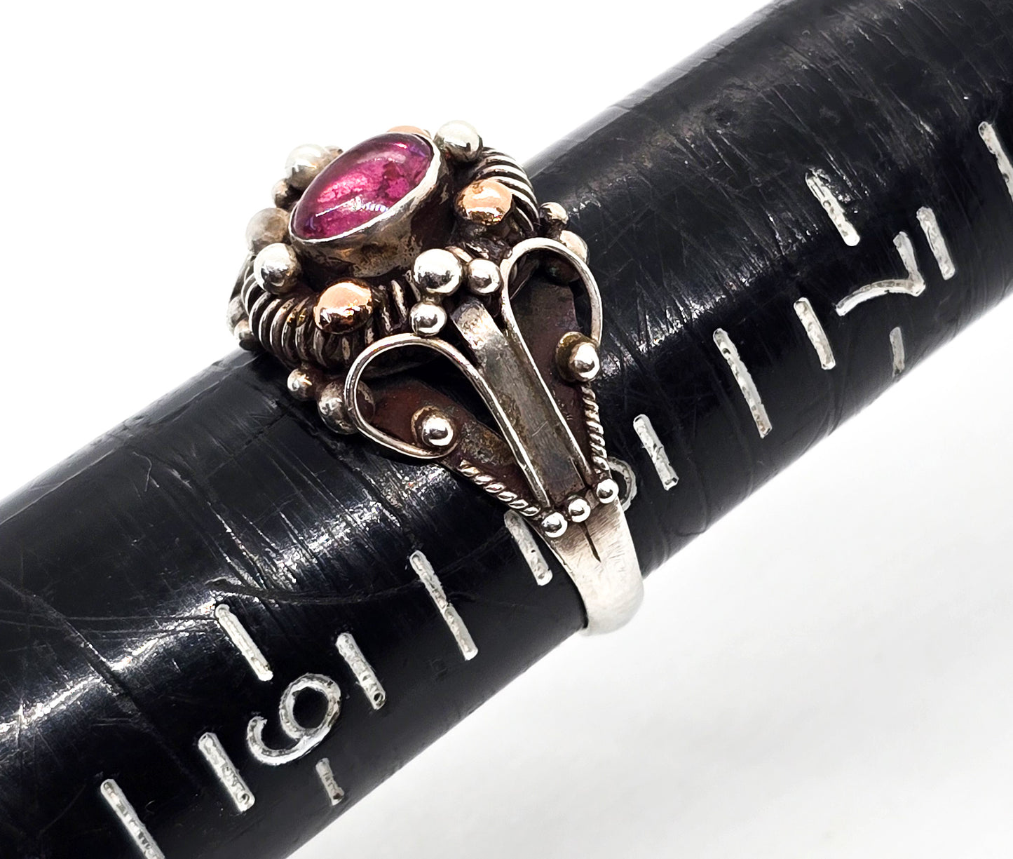 Pink Tourmaline Rose Gold Plated Balinese style sterling silver vintage ring size 8