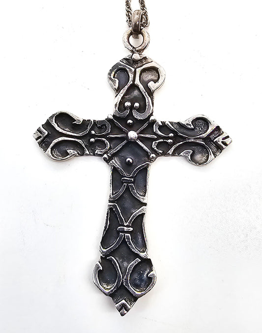 Celtic Viking hammered cross vintage sterling silver large vintage cross pendant necklace