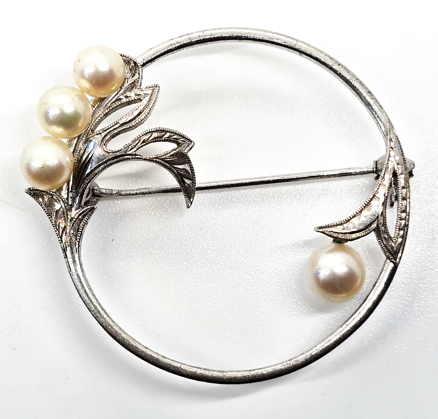 Mikimoto Akoya Pearl Brooch Sterling Silver Vintage stamped circle infinity brooch
