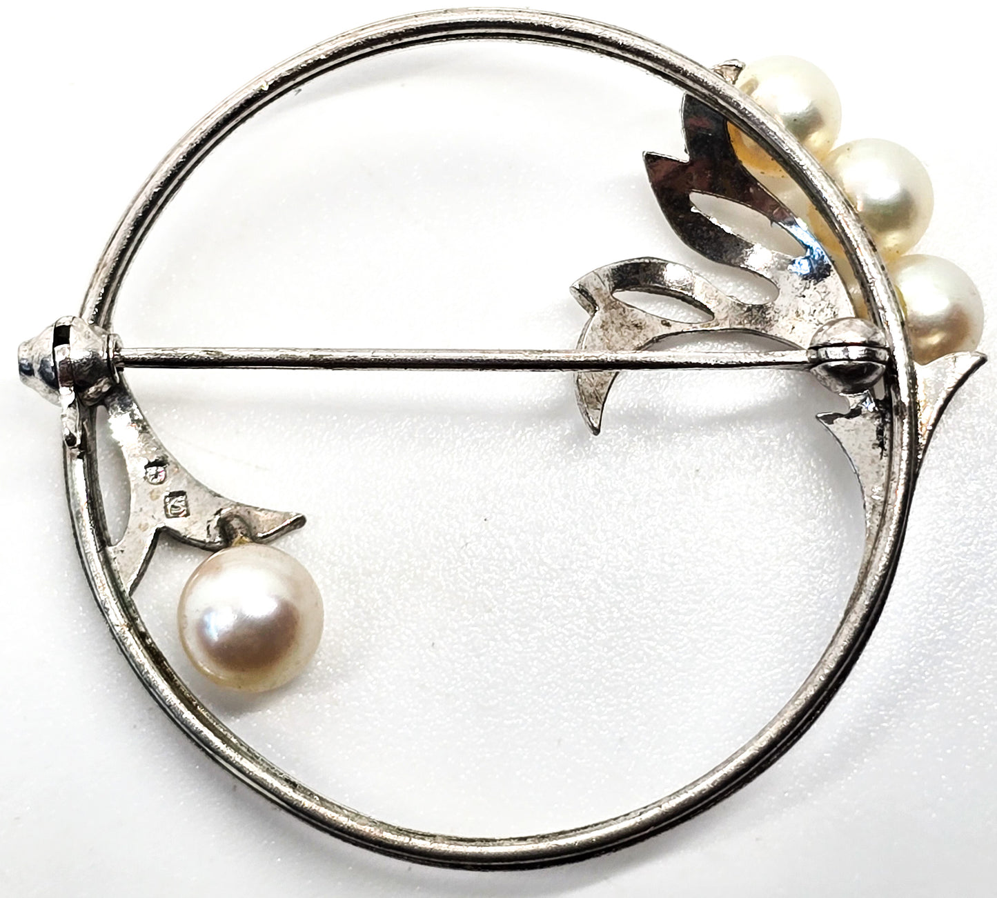 Mikimoto Akoya Pearl Brooch Sterling Silver Vintage stamped circle infinity brooch